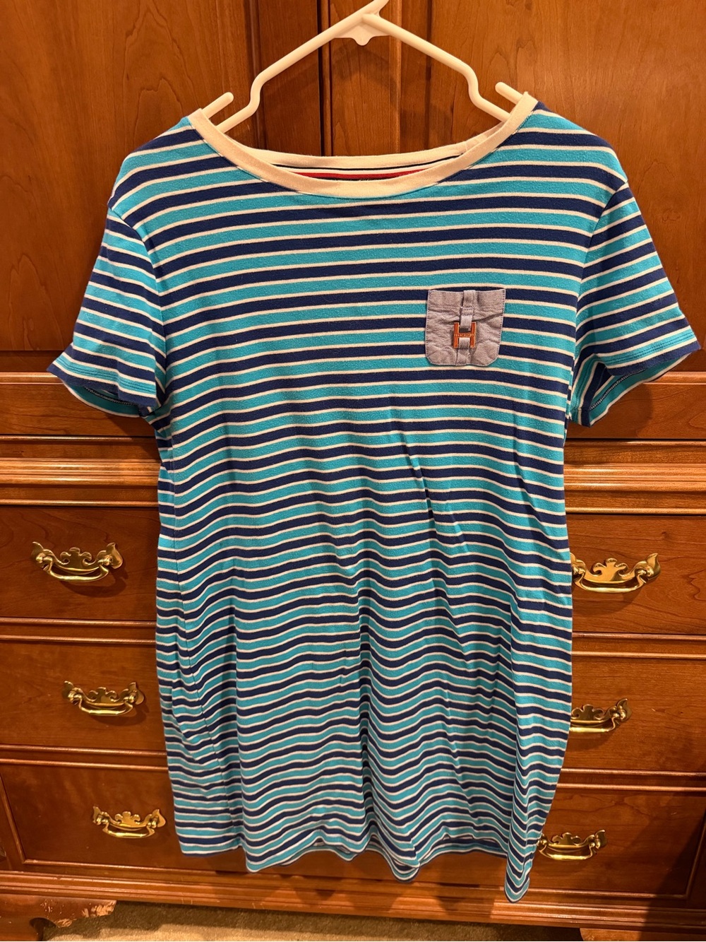 Ladies Tommy Hilfiger Striped Short-Sleeve Tee Dress in Teal and Blue